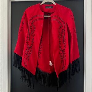 Lucky & Blessed Red Suede Fringe Cape with Black Stitching
